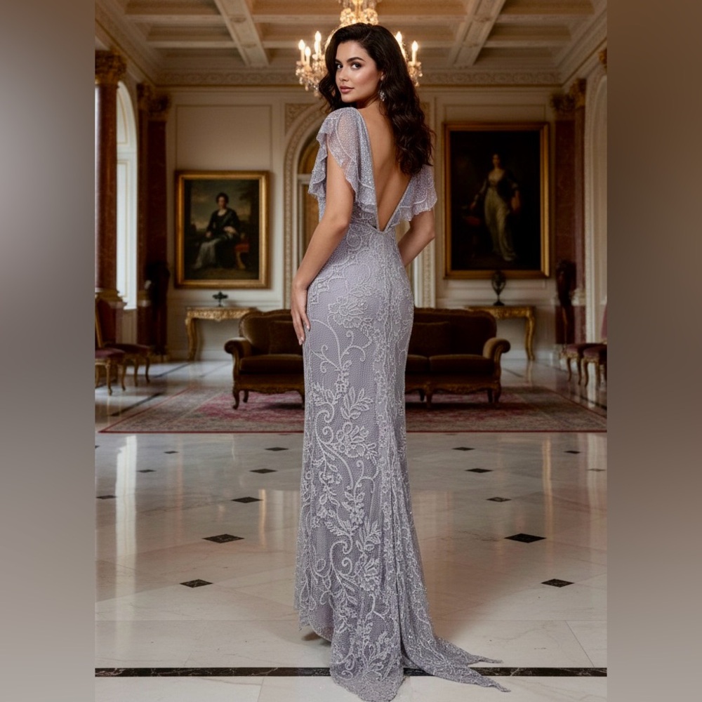 Lavender Lace‎ hand beaded Maxi Dress